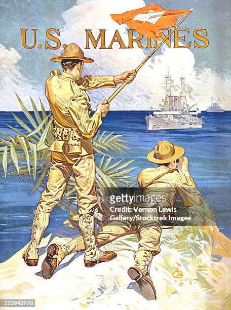 vintage world war one poster of two marines signaling a ship with a flag. it reads, u.s. marines. - s motive gallery stock-grafiken, -clipart, -cartoons und -symbole