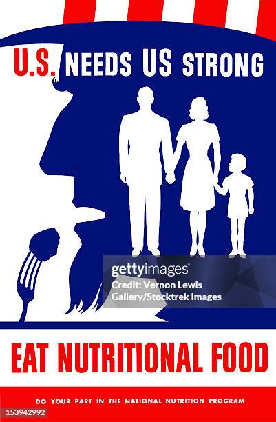 vintage wpa poster of uncle sam taking a bite of food. it reads, u.s. needs us strong, eat nutritional food, do your part in the national nutritional program. - s motive gallery stock illustrations