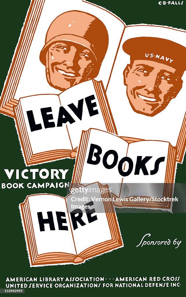 Vintage WPA poster of several books and the faces of a soldier and a sailor.