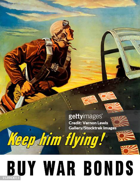 stockillustraties, clipart, cartoons en iconen met vintage world war ii poster of a fighter pilot climbing into his airplane. it reads, keep him flying! buy war bonds. - us air force