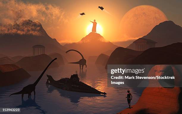 the fabled city of atlantis set in the time of the dinosaurs, during earth's long distant prehistoric past. - atlantis stock-grafiken, -clipart, -cartoons und -symbole