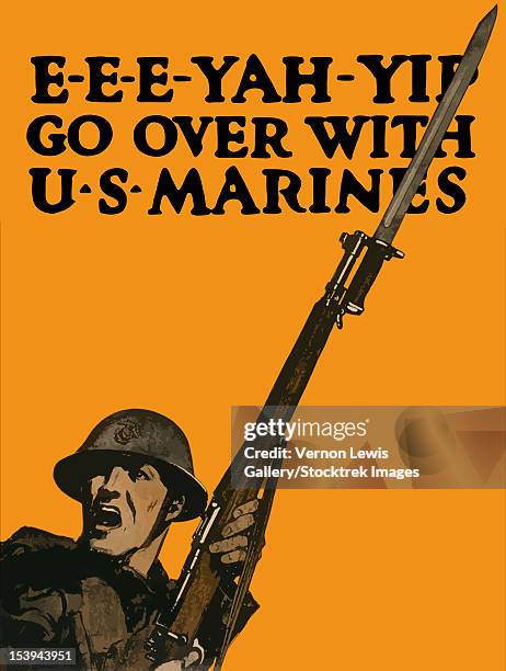 vintage world war one poster of a soldier charging into battle with his rifle. it reads, e-e-e-yah-yip go over with u.s. marines. - us marine corps 幅插畫檔、美工圖案、卡通及圖標