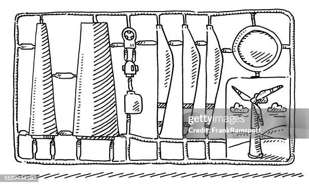wind turbine toy construction kit drawing - plastic model kit stock illustrations