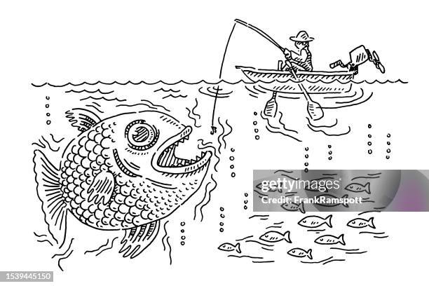 fisherman boat big fish drawing - school of fish stock illustrations