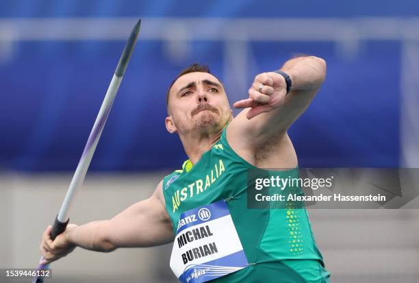 Michal Burian of Australia competes in the Men's Javelin Throw F64 Final during day six of the Para Athletics World Championships Paris 2023 at Stade...