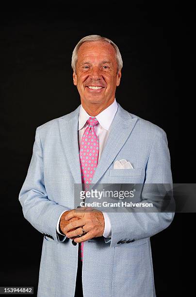 Coach Roy Williams of the North Carolina Tar Heels poses for a portrait during the team's annual Media Day at the Dean Smith Center on October 11,...