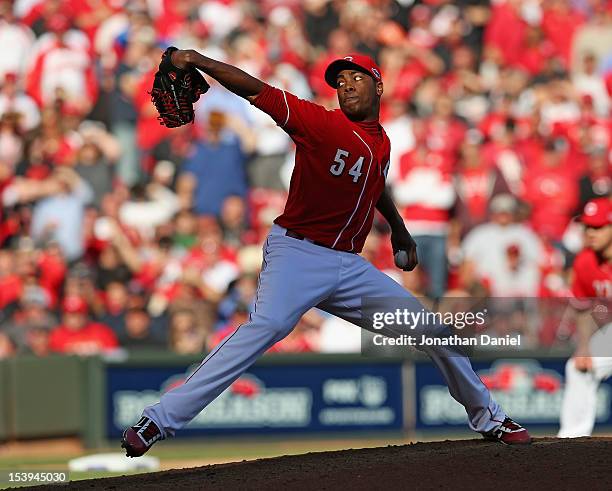 Aroldis Chapman of the Cincinnati Reds pitches against the San Francisco Giants in Game Five of the National League Division Series at the Great...