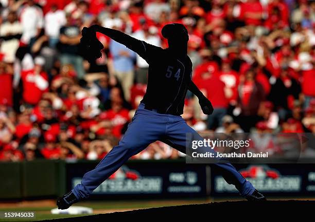 Aroldis Chapman of the Cincinnati Reds pitches against the San Francisco Giants in Game Five of the National League Division Series at the Great...