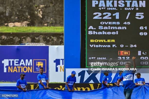 Ground staff uncover the pitch after rain delayed the start of the third day of play of the first cricket Test match between Sri Lanka and Pakistan...