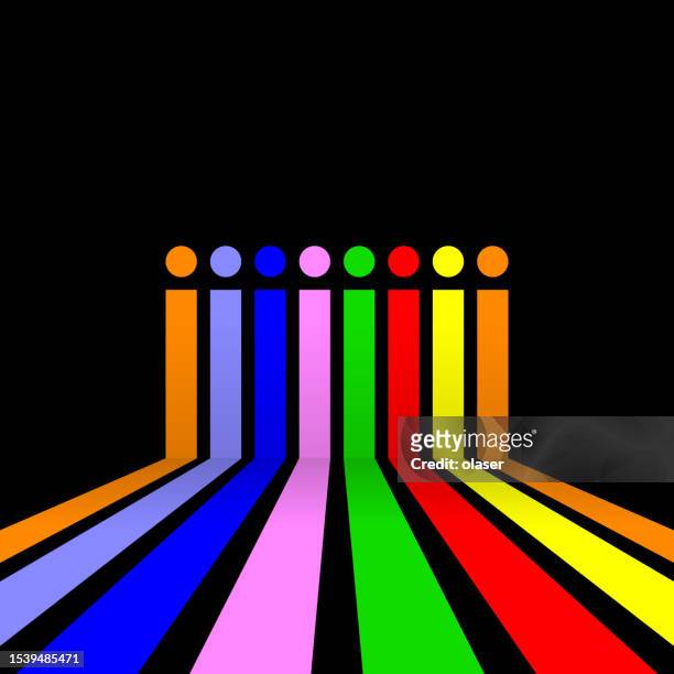 regenbogen-3d-balkendiagramm, das den gleichen fortschritt an der wand zeigt - 3d data bars stock-grafiken, -clipart, -cartoons und -symbole