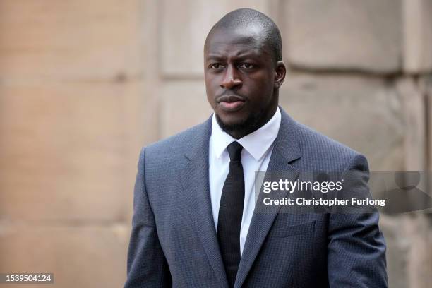 Former Manchester City footballer Benjamin Mendy arrives for the continuation of his trial at Chester Crown Court on July 13, 2023 in Chester,...