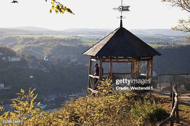 germany, rhineland palatinate, hiker looking at view from dreiburgenblick view point - rhineland palatinate stockfoto's en -beelden