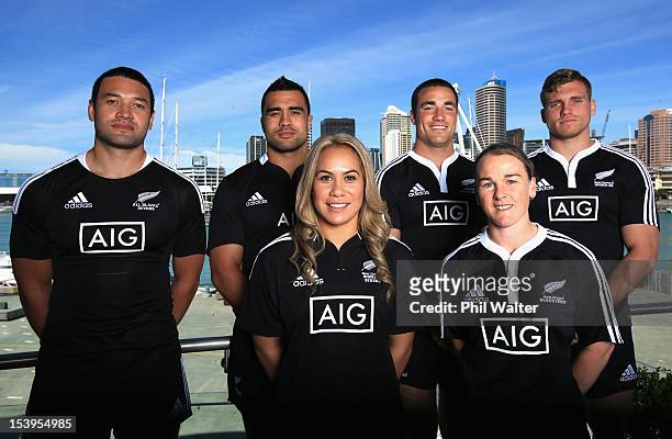 Solomon King, Liam Messam, Huriana Manuel, Richard Kahui, Emma Jansen and Brad Shields pose in the new AIG branded jerseys during a NZRU and AIG...