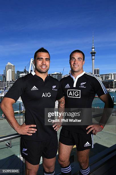 Liam Messam poses in the new All Black jersey and Richard Kahui poses in the Maori All Black jersey during a NZRU and AIG sponsorship announcement at...