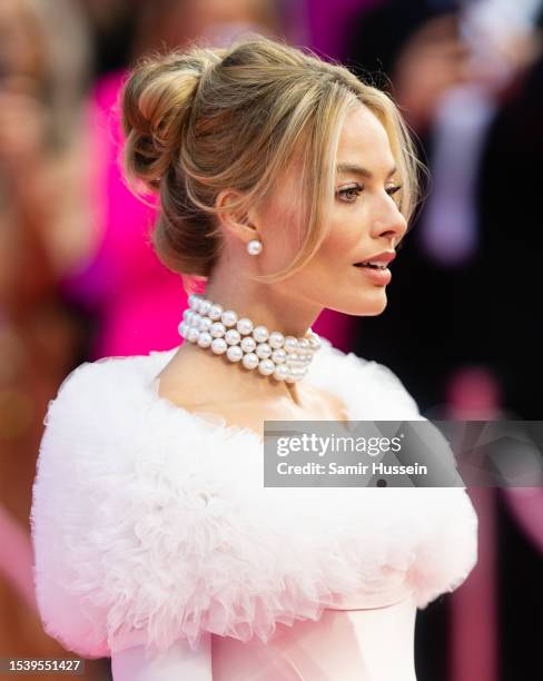 Margot Robbie attends the "Barbie" European Premiere at Cineworld Leicester Square on July 12, 2023 in London, England.