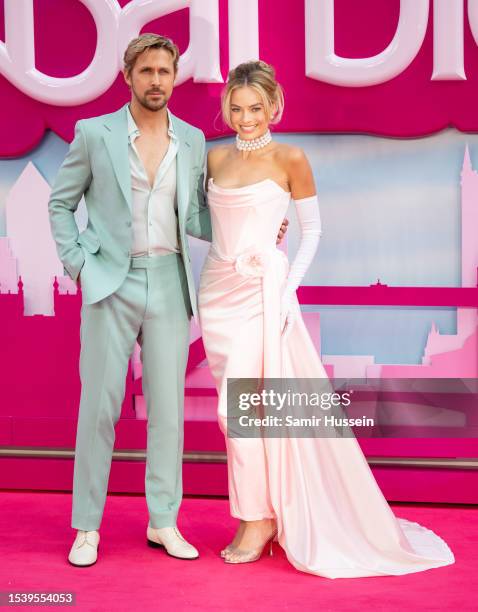 Ryan Gosling and Margot Robbie attend the "Barbie" European Premiere at Cineworld Leicester Square on July 12, 2023 in London, England.