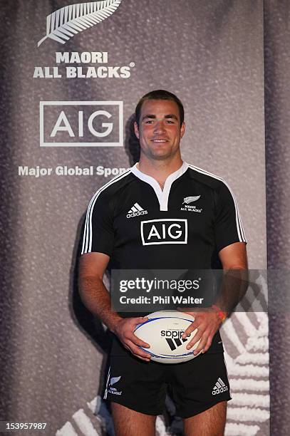 Richard Kahui models the new Maori All Black jersey on stage during a NZRU and AIG sponsorship announcement at Viaduct Events Centre on October 12,...