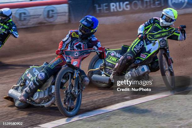 Tom Brennan leads Emil Sayfutdinov during the Sports Insure Premiership match between Belle Vue Aces and Ipswich Witches at the National Speedway...