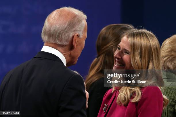 Vice President Joe Biden speaks with Janna Ryan, wife of Paul Ryan after the vice presidential debate at Centre College October 11, 2012 in Danville,...