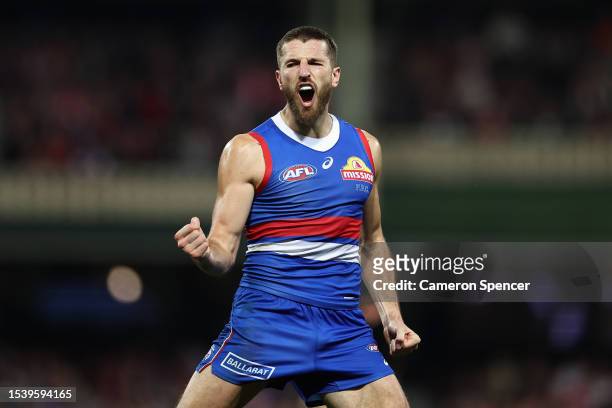 Marcus Bontempelli of the Bulldogs celebrates kicking a goal during the round 18 AFL match between Sydney Swans and Western Bulldogs at Sydney...