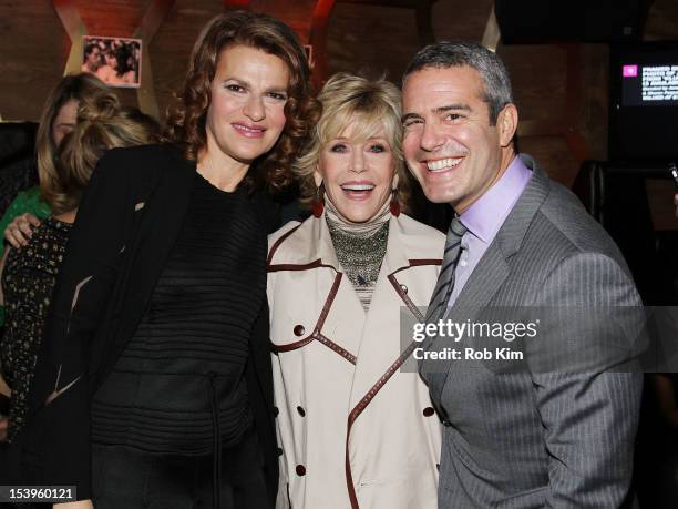 Sandra Bernhard, Jane Fonda and Andy Cohen attend A Candid Conversation with Jane Fonda and Andy Cohen on the 40th Anniversary of Jane's Academy...