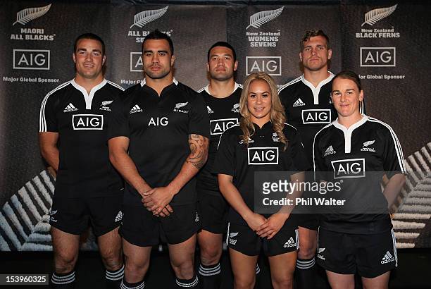 Richard Kahui, Liam Messam, Solomon King, Huriana Manuel, Brad Shields and Emma Jansen pose in the new AIG branded jerseys during a NZRU and AIG...