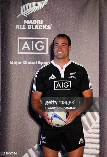 Richard Kahui models the new Maori All Black jersey on stage during a NZRU and AIG sponsorship announcement at Viaduct Events Centre on October 12,...