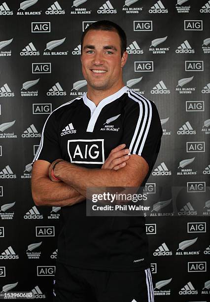 Richard Kahui models the new Maori All Black jersey during a NZRU and AIG sponsorship announcement at Viaduct Events Centre on October 12, 2012 in...