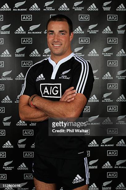 Richard Kahui models the new Maori All Black jersey during a NZRU and AIG sponsorship announcement at Viaduct Events Centre on October 12, 2012 in...