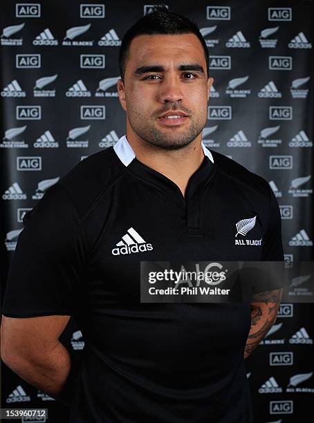 Keven Mealamui models the new All Black jersey during a NZRU and AIG sponsorship announcement at Viaduct Events Centre on October 12, 2012 in...