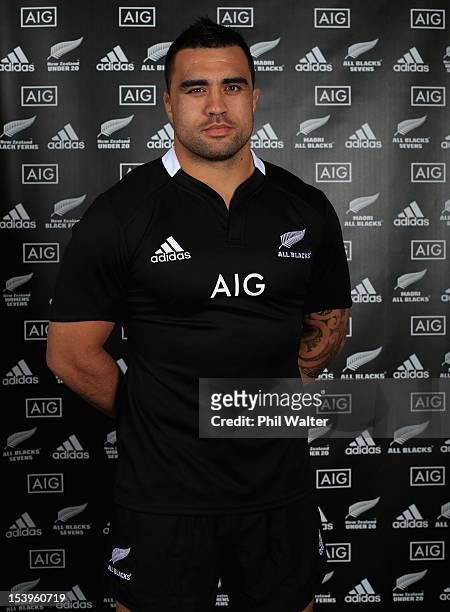 Keven Mealamui models the new All Black jersey during a NZRU and AIG sponsorship announcement at Viaduct Events Centre on October 12, 2012 in...