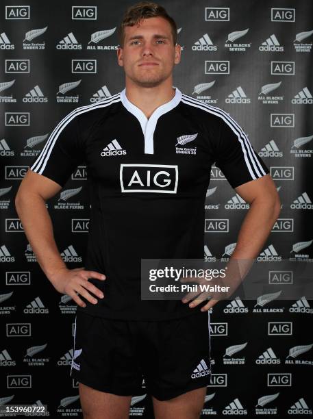 Brad Shields models the new U20 All Black jersey during a NZRU and AIG sponsorship announcement at Viaduct Events Centre on October 12, 2012 in...