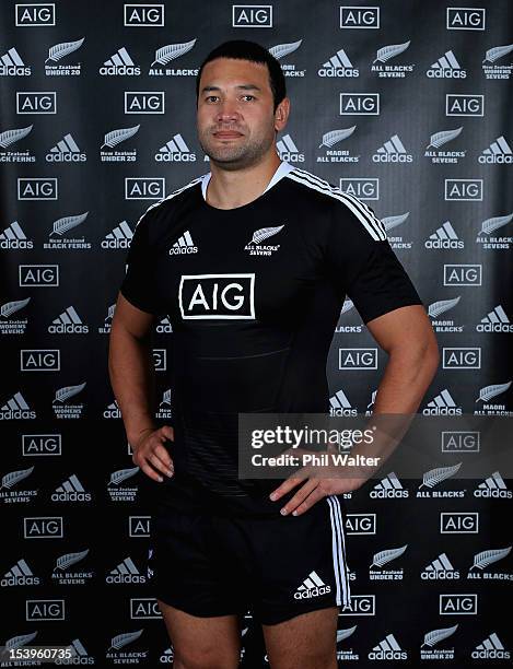 Solomon King models the new All Black 7's jersey during a NZRU and AIG sponsorship announcement at Viaduct Events Centre on October 12, 2012 in...