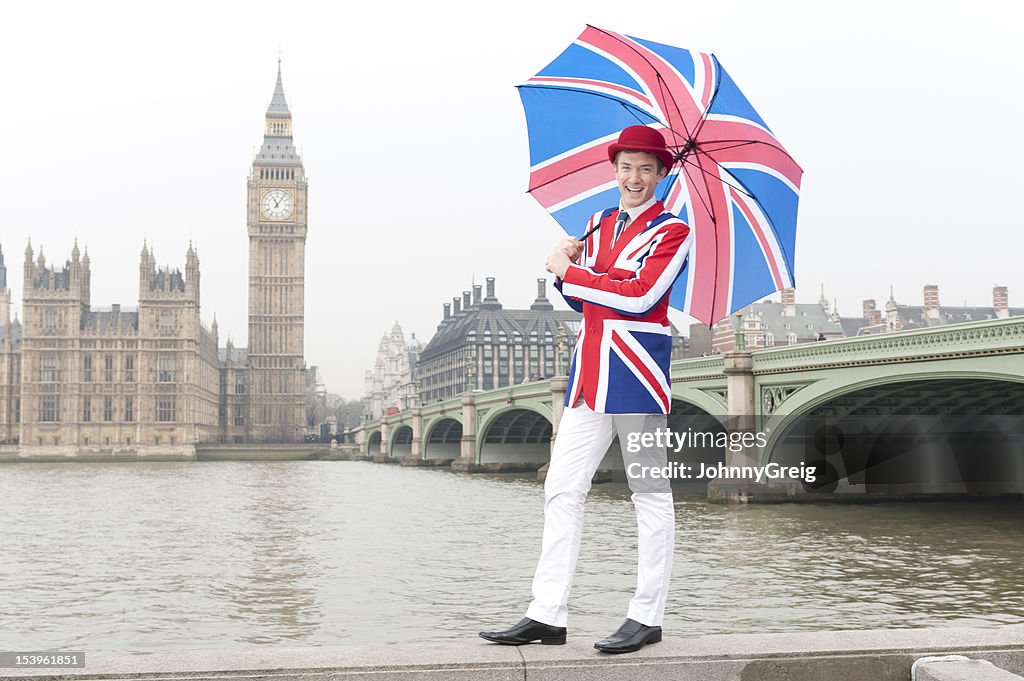 Londoner in Union Jack clothes with Houses of Parliament