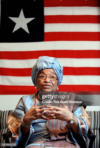 Liberian President and Nobel Peace Prize laureate Ellen Johnson Sirleaf speaks during an interview on October 11, 2012 in Tokyo, Japan. Johnson...