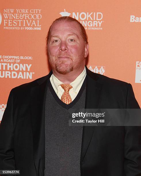 Restaurateur Mario Batali attends On The Chopping Block: A Roast of Anthony Bourdain at Pier Sixty at Chelsea Piers on October 11, 2012 in New York...