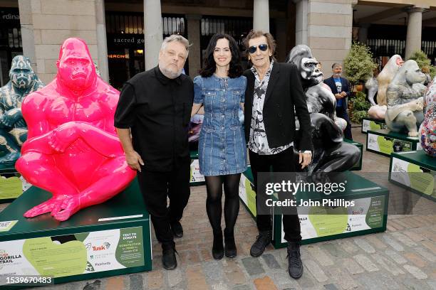 Rankin, Sally Wood and Ronnie Wood are seen at the launch of the Tusk Gorilla Trail at Covent Garden on July 13, 2023 in London, England. The Tusk...