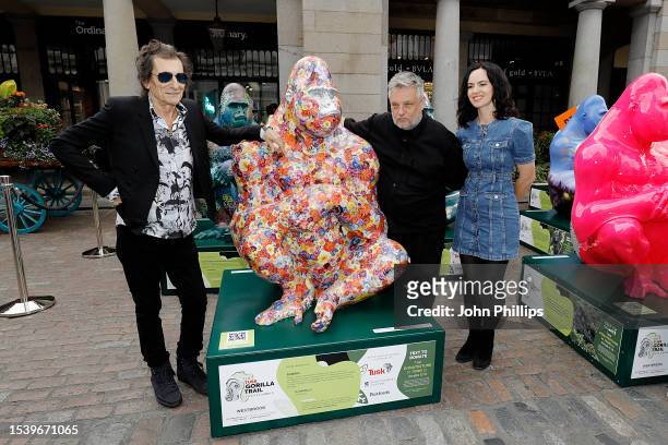 Ronnie Wood and Rankin and Sally Wood are seen at the launch of the Tusk Gorilla Trail at Covent Garden on July 13, 2023 in London, England. The Tusk...