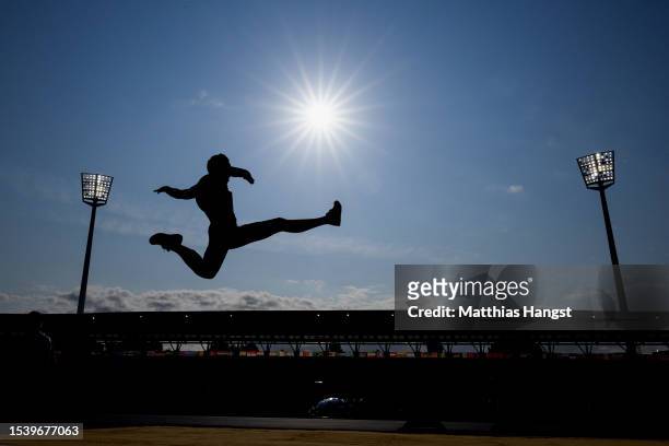 Omadbek Khasanov of Uzbekistan competes in the Men's Long Jump T47 Final during day six of the Para Athletics World Championships Paris 2023 at Stade...