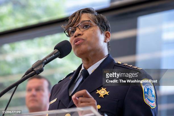 Newly-appointed police chief Pamela A. Smith speaks at the Martin Luther King Jr. Memorial Library in Washington, D.C. On July 17, 2023.