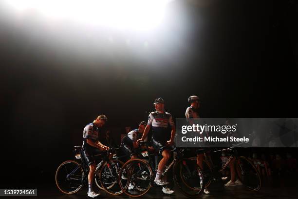 Dries Devenyns of Belgium, Remi Cavagna of France, Michael Mørkøv of Denmark and Kasper Asgreen of Denmark and Team Soudal - Quick Step prior to...