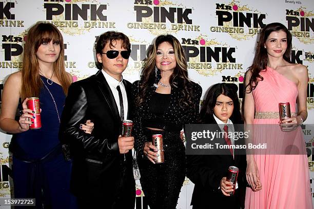 Paris Jackson, Prince Jackson, La Toya Jackson, Blanket Jackson and Monica Gabor attend the Mr. Pink ginseng drink launch party held at the Regent...