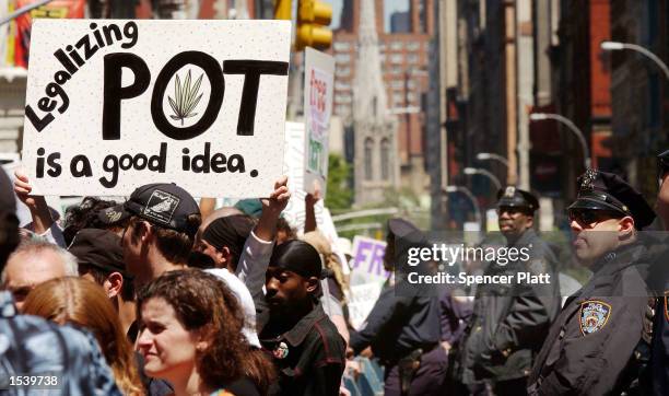 Hundreds of pro-cannabis demonstrators march May 4, 2002 in New York City. The marchers, who advocate for the legalization of cannabis, were part of...