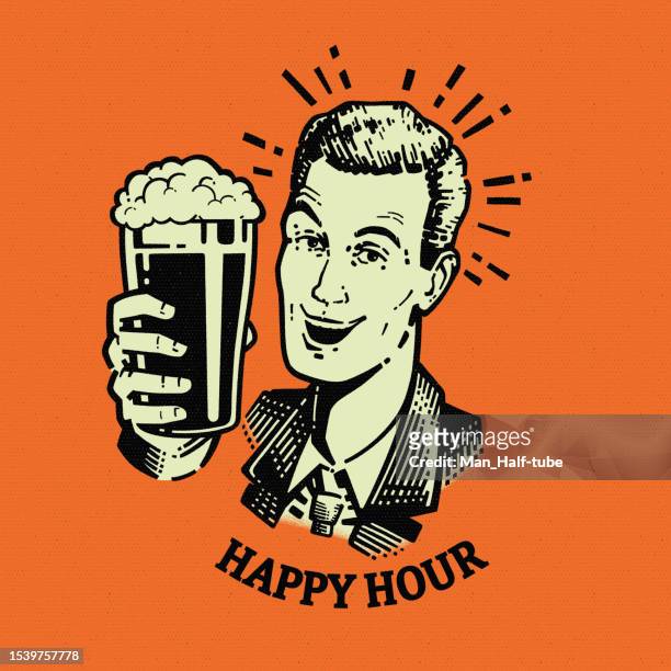 ilustraciones, imágenes clip art, dibujos animados e iconos de stock de hombre alegre con cerveza happy hour - artisanal food and drink