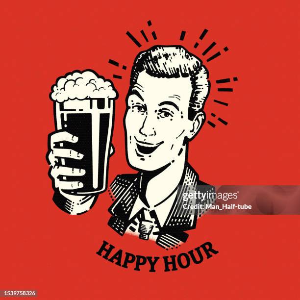 stockillustraties, clipart, cartoons en iconen met cheerful man with beer happy hour - happy hour vintage