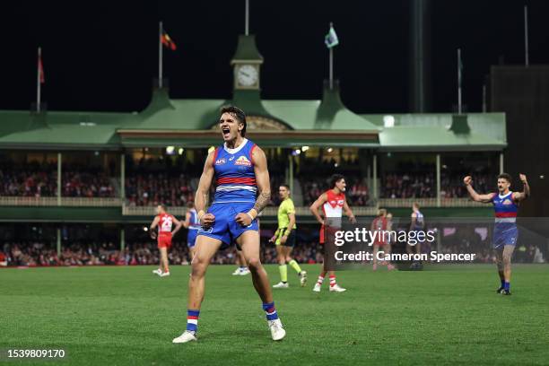 Jamarra Ugle-Hagan of the Bulldogs celebrates kicking a goal during the round 18 AFL match between Sydney Swans and Western Bulldogs at Sydney...