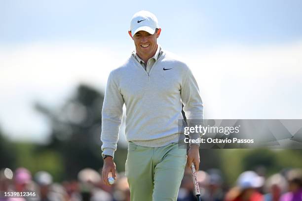 Rory McIlroy of Northern Ireland reacts on the 5th green during Day One of the Genesis Scottish Open at The Renaissance Club on July 13, 2023 in...