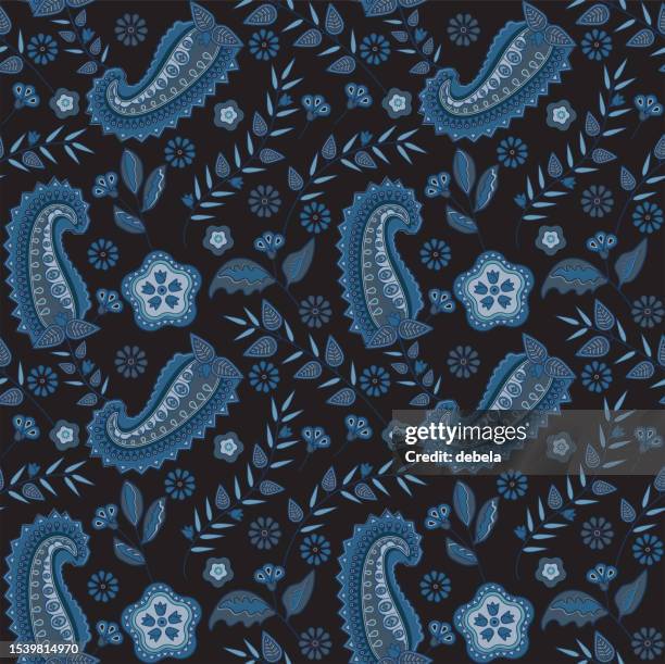 ilustraciones, imágenes clip art, dibujos animados e iconos de stock de patrón de damasco paisley en color azul y negro. muestra de tela floral ornamentada. - cachemira