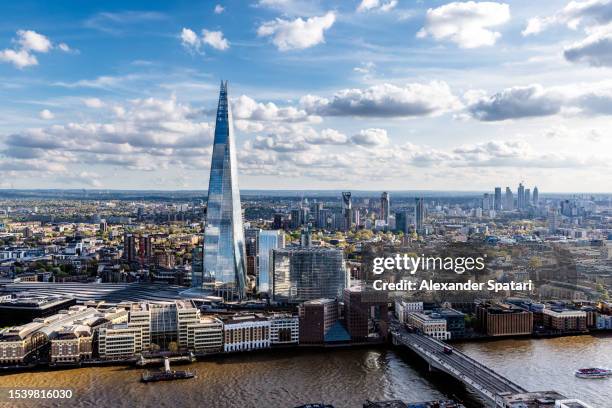 the shard skyscraper and london skyline, aerial view, uk - london skyline river thames stock pictures, royalty-free photos & images