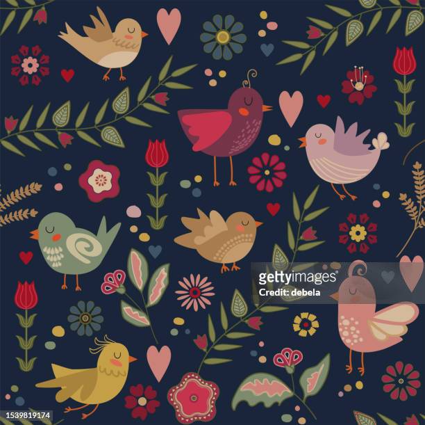 stockillustraties, clipart, cartoons en iconen met little birds and flowers cute pattern. - leigh vogel